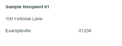 Generated address label for Sample Recipient 01 with postal code 01234