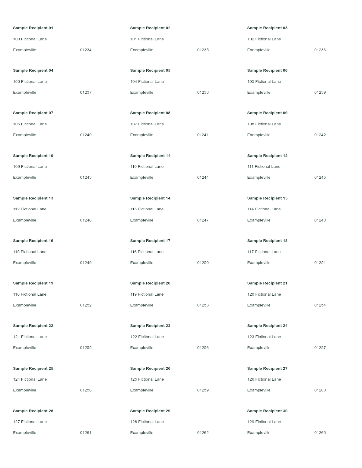 PrintPiper rendered sheet containing 30 fictional addresses in three columns and ten rows