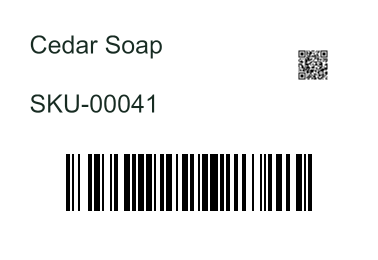 Generated sample barcode label showing a product name, SKU and QR code