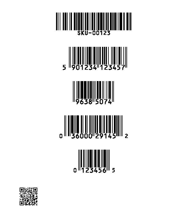 Generated fictional sample with Code 128, EAN-13, EAN-8, UPC-A, UPC-E and a QR code