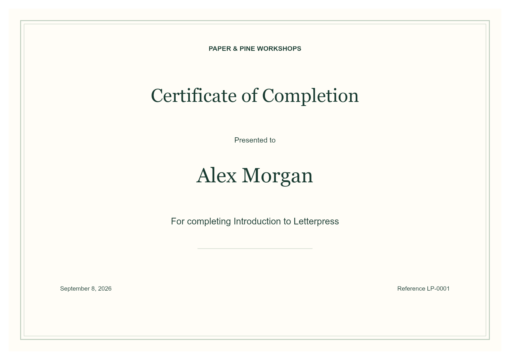 Generated fictional Letterpress workshop completion certificate for Alex Morgan
