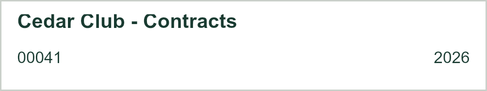 First generated file folder label: Cedar Club - Contracts, ID 00041, year 2026, inside an 85 x 16 mm cutting outline