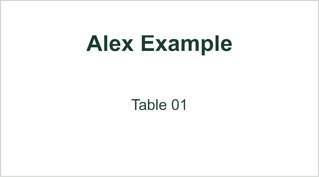 First generated place card: Alex Example, Table 01, on a flat 90 x 50 mm card with a thin cutting outline