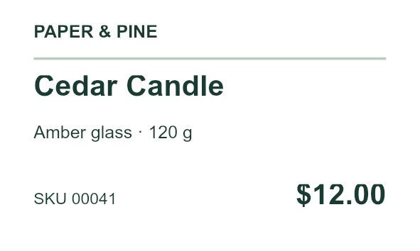 Generated Cedar Candle label with variant, SKU 00041 and price $12.00