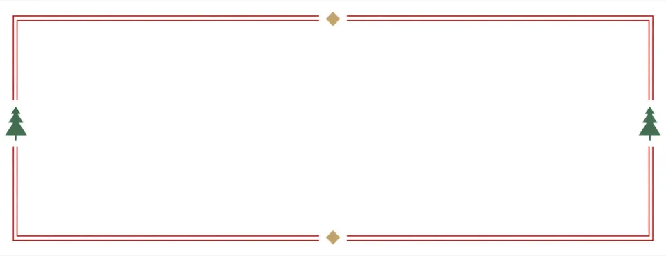 Scandinavian holiday label with a thin deep-red double-line border, small green fir-tree marks at the sides, and tiny gold diamond accents
