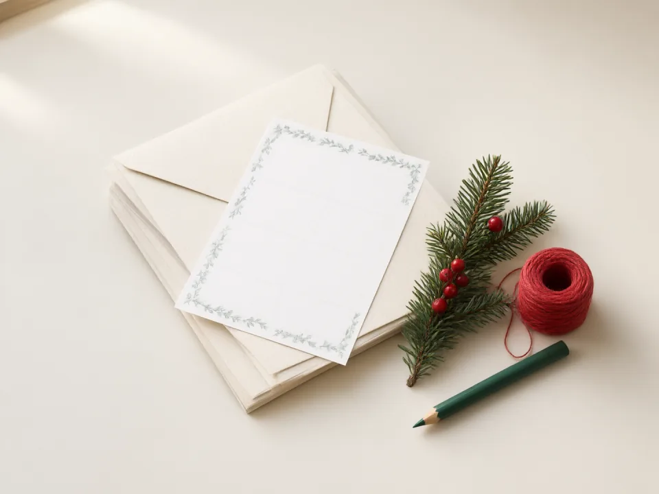 Cream envelopes stacked on a desk with a single blank bordered address card on top, an evergreen sprig with red berries, a spool of red twine and a dark-green wax pencil