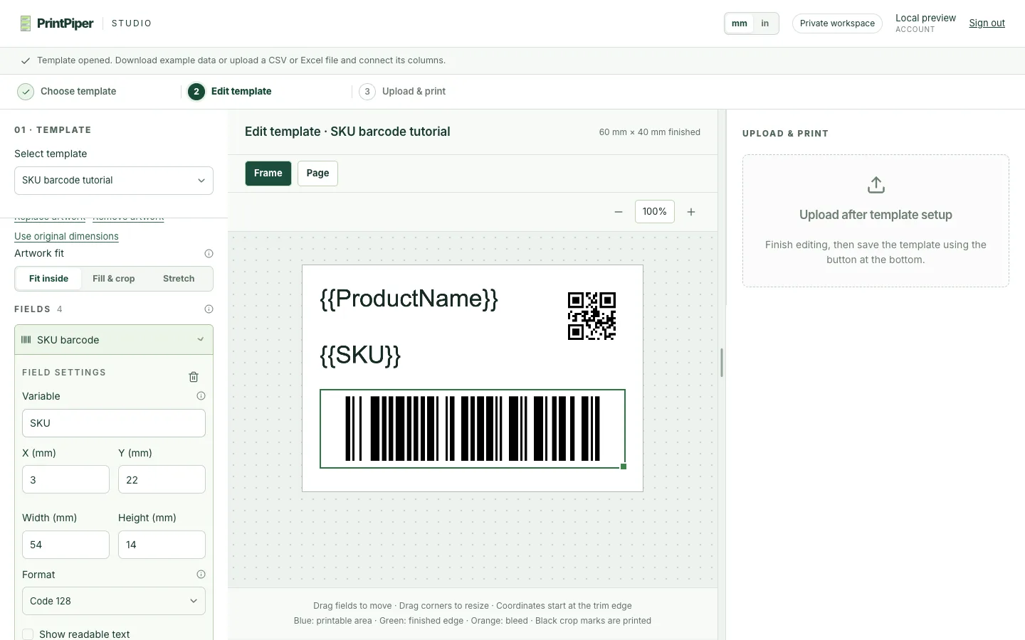 PrintPiper barcode label template editor showing frame and field settings