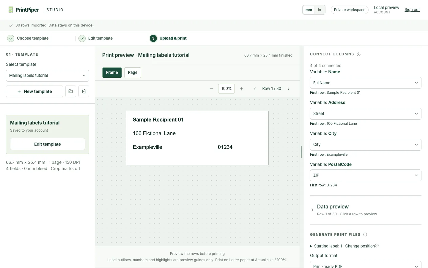 PrintPiper Connect columns panel listing template variables such as Name and PostalCode, each matched to a fictional CSV or Excel column header.