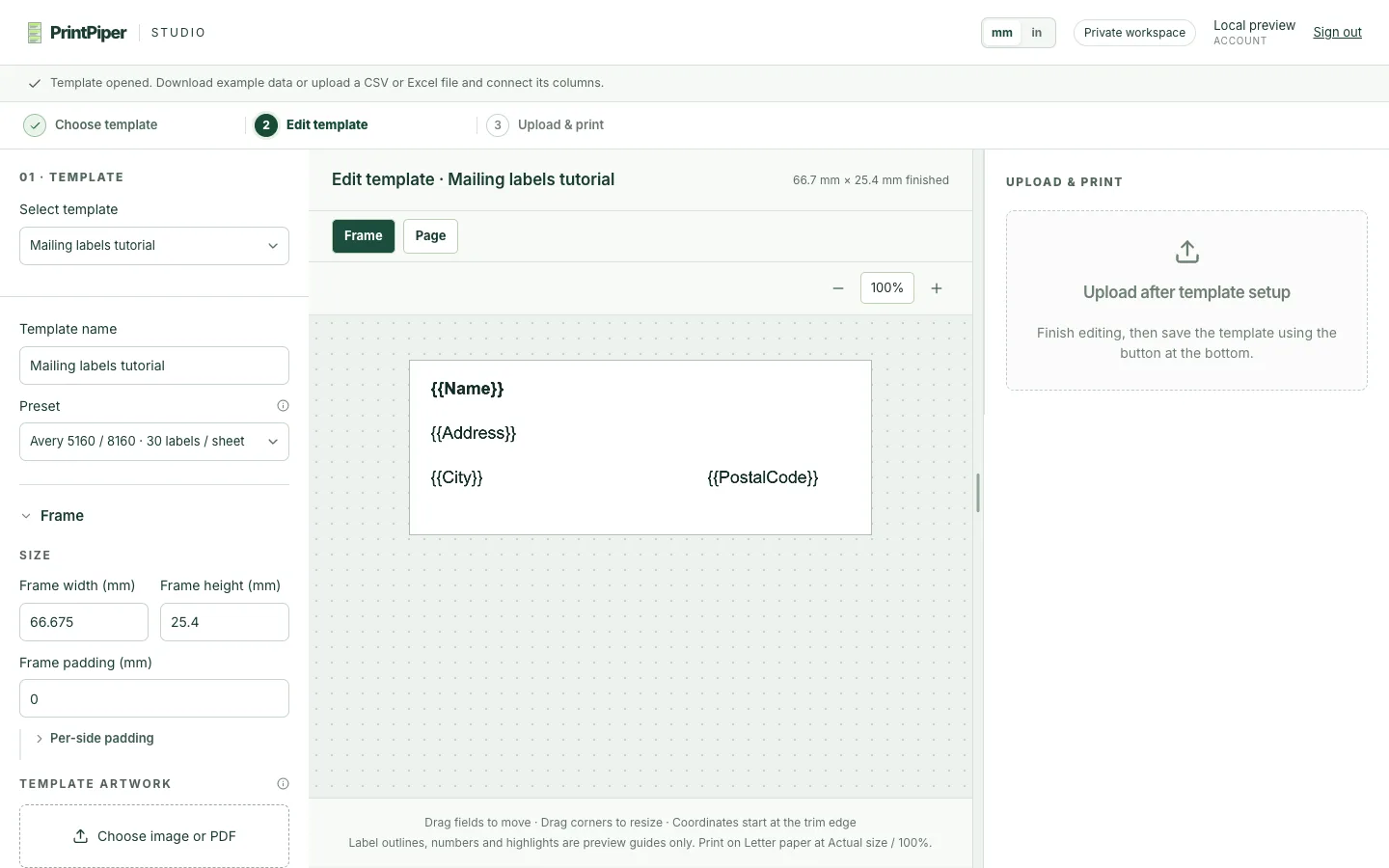 PrintPiper template editor showing a label design with Name and Address text fields bound to {{Name}} and {{Address}} placeholders, with the Frame view selected.