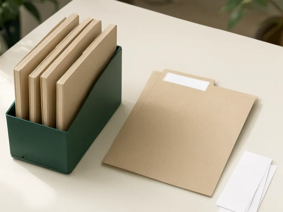 Blank kraft file folders standing in a dark green metal archive holder beside one open folder with a plain white tab label and a few blank white label strips on a warm white desk
