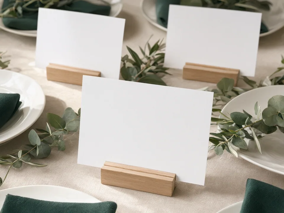 Three blank flat single-layer white place cards, each slipped upright into a small light wood slot holder on a linen tablecloth with white plates, dark green napkins and eucalyptus sprigs