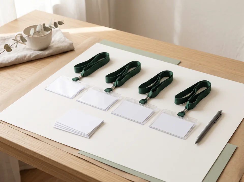 Blank name badges and forest-green lanyards prepared for event registration