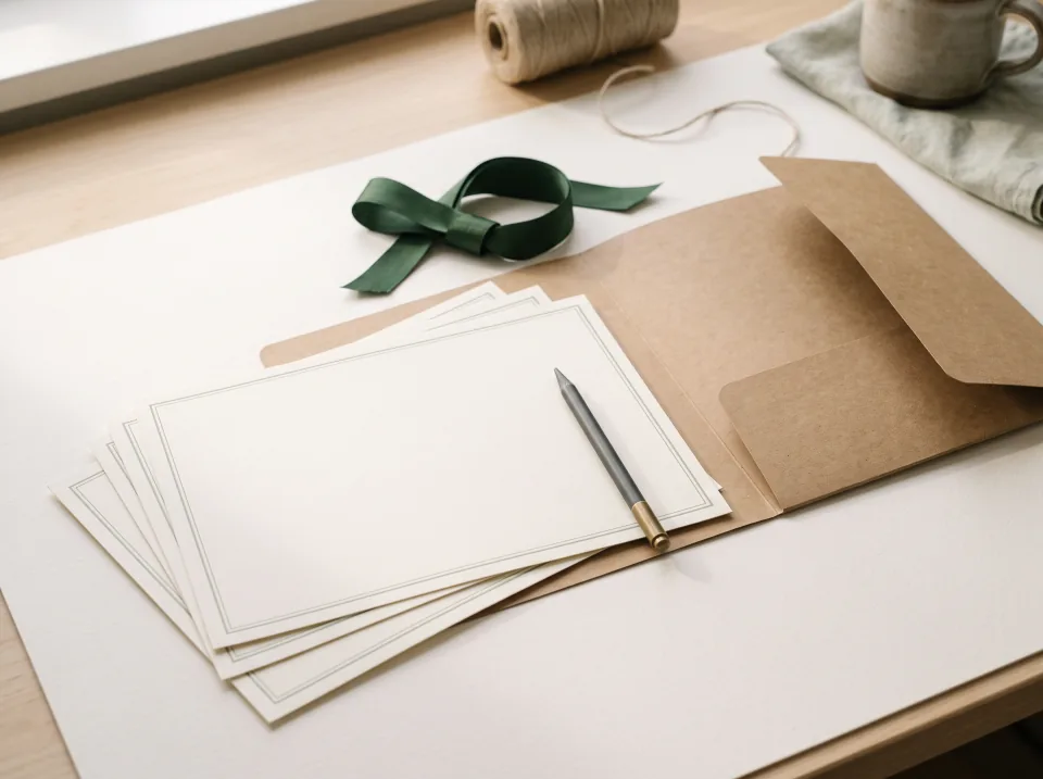 Blank bordered certificate sheets, a presentation folder and a green ribbon