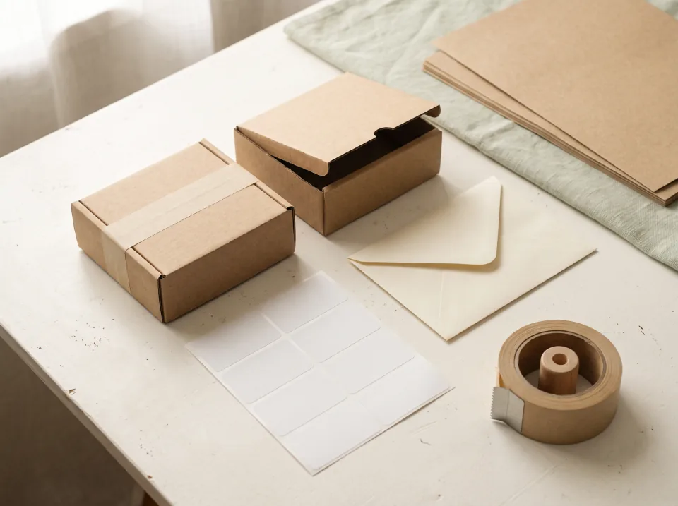 Kraft mailers, envelopes and blank address labels on a packing table
