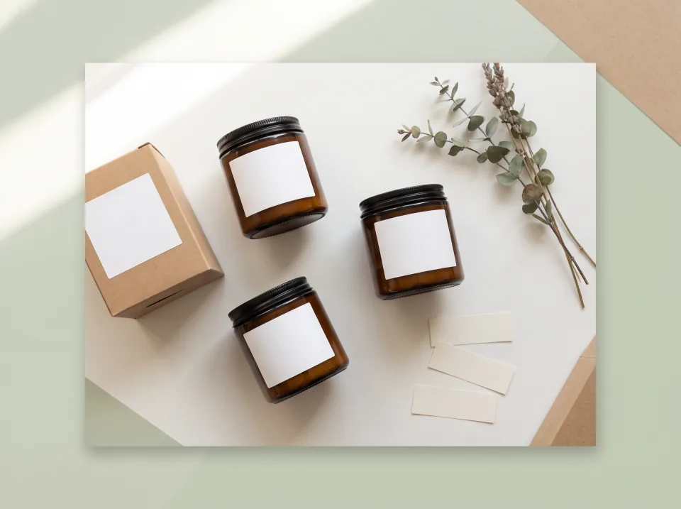 Blank labels on amber candle jars and a kraft box on a maker’s worktable